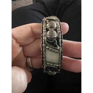 60s era silver-plated tribal glass panel hinged clamper bangle bracelet